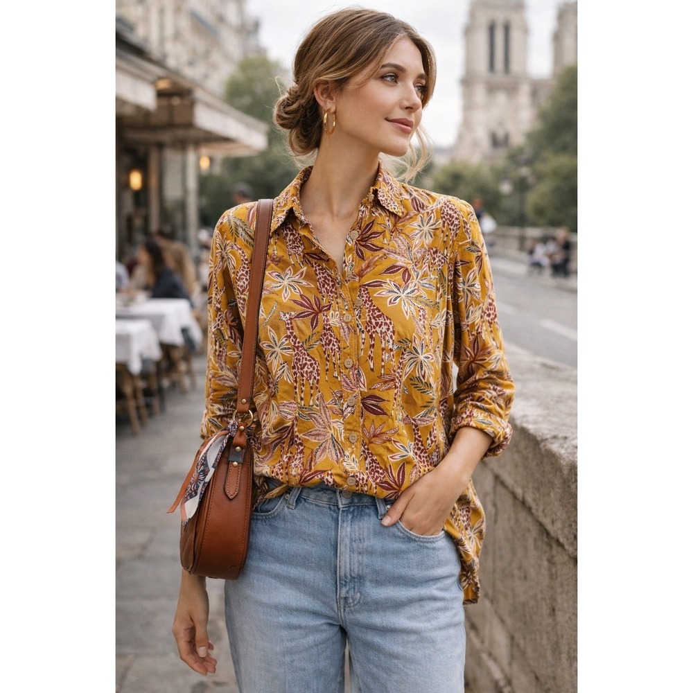 Euro Parisian Giraffe Art Print Button Up Shirt Gold Yellow Chic Fun Blouse Sz L